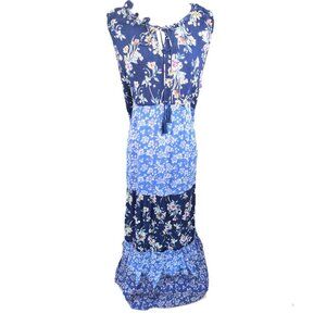 Women's Blue Patchwork Sleeveless Maxi Cottagecore Ruffle Tiered Dress